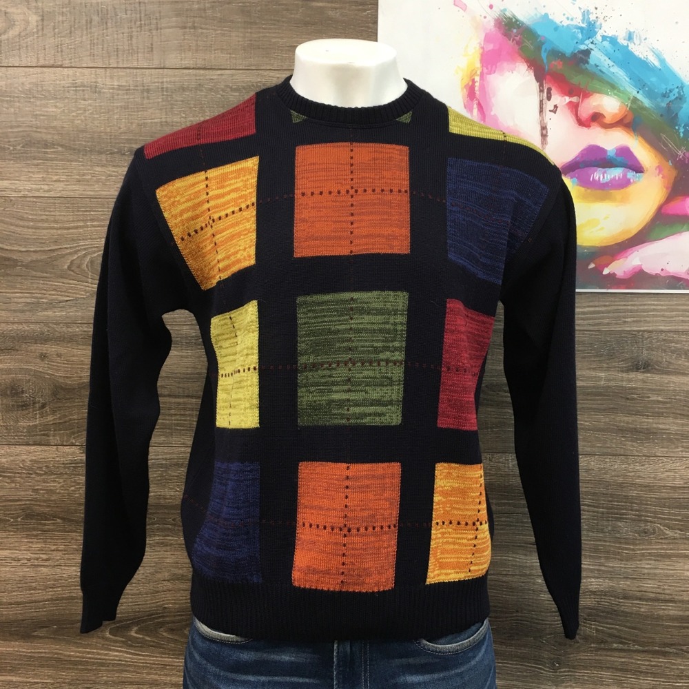 VINTAGE Norm Thompson Mens Geometric Wool Knit Sweater Size L Made in Italy‎